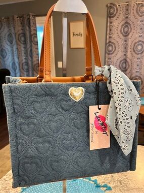 Betsey Johnson Denim Quilted Heart Tote with Scarf New